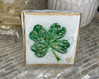 Four Leaf Clover Art with Crushed Glass, Handmade Good Luck Gift, St. Patrick’s Day Decor