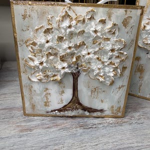 Textured Paint with Glass Flower tree, Textured Flowers, Resin Art, Block Art, Glass Art, Spring, Crushed Glass, Tree Painting, Gift