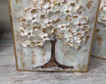 Textured Paint with Glass Flower tree, Textured Flowers, Resin Art, Block Art, Glass Art, Spring, Crushed Glass, Tree Painting, Gift