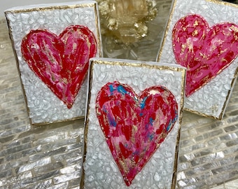 Heart Art with Crushed Glass, Handmade Textured Heart Painting, Valentine Gift for Her