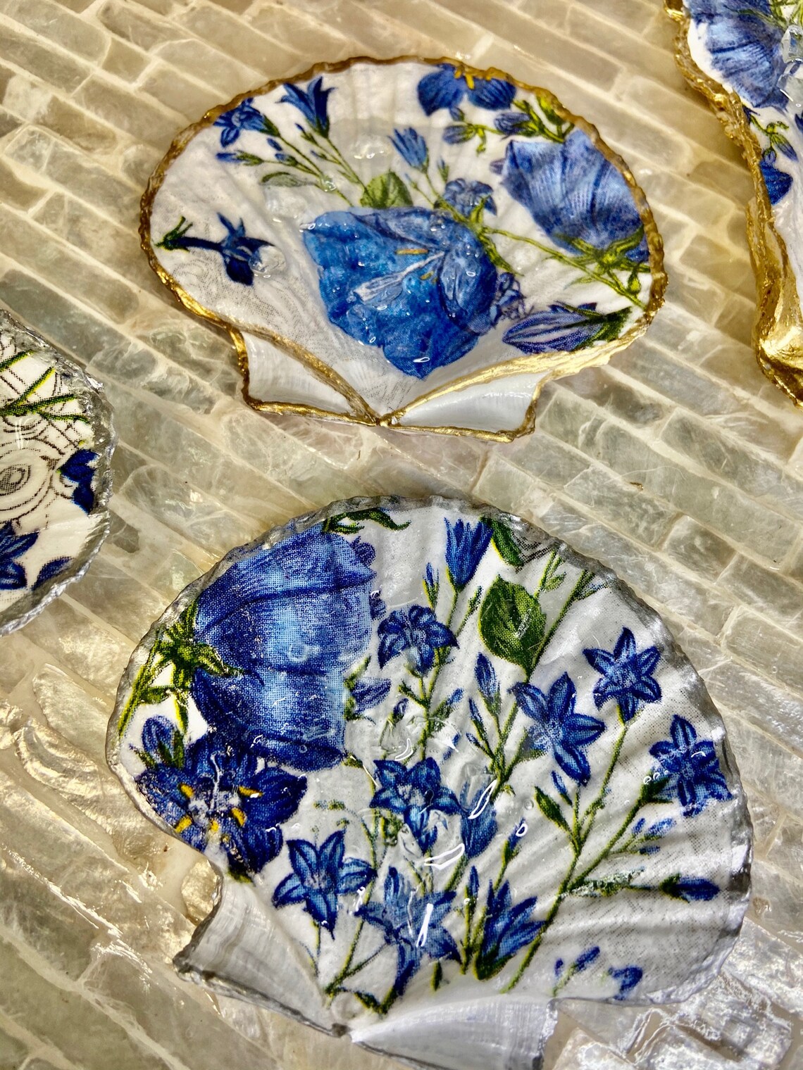 Decoupage Shells Blue Flowers and White Gold Trimmed Etsy