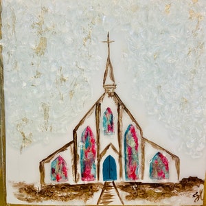 Textured Paint with Glass Church, Block Art, Glass Art, Crushed Glass, Church Painting, Christian, Religion, Religious, Gift