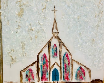 Textured Church Painting with Crushed Glass, Handmade Christian Wall Decor, Southern Church Gift