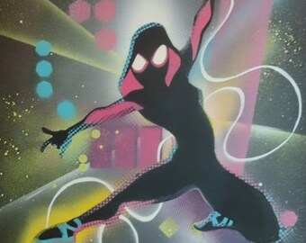 Spider-Gwen of the Spiderverse spraypaint on black canvas