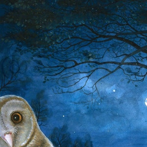 Curious Barn Owl - Original Watercolor Painting, Nocturnal Animal Painting, Bird of Prey, Full Moon, Night Forest, Owl, Natural Scenery