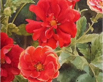 Potentilla - watercolor painting of red flowers, original painting, summer flowers, group of potentillas, floral painting, shrub with green foliage