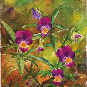 Violette in giardino-dipinto a acquarelli,fiori viola e gialli,dipinto originale,fiori in giardino,violette in gruppo,pittura floreale,viole