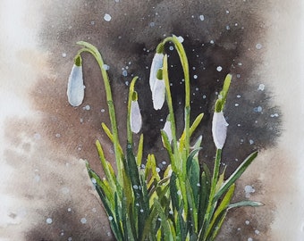 Snowdrops - watercolor painting of white winter flowers, original painting, forest flowers, group of snowdrops, floral painting, undergrowth