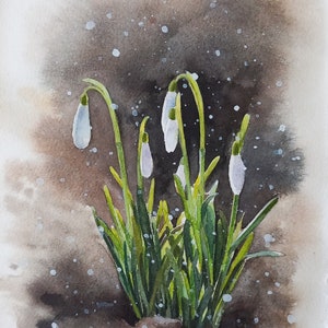 Bucaneve-dipinto a acquarelli fiori invernali bianchi,dipinto originale,fiori del bosco,bucaneve in gruppo,pittura floreale,sottobosco