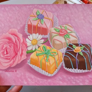 Happy birthday-dipinto a tempere originale,pittura a guazzo,dolci,paste,pasticcini,marzapane,rosa di zucchero,regalo per auguri compleanno