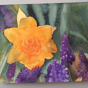 G come giallo-dipinto originale narcisi,fiori gialli e blu,pittura a acquarello,daffodil,muscari blu,fiori primaverili,idea regalo,originale