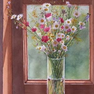 Fiori di campo alla finestra-dipinto a acquarelli originale,pittura fiori in vaso trasparente alla finestra, fiori dei prati bianchi e rossi