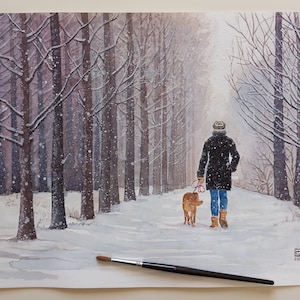 Passeggiata nel parco-dipinto a acquerelli originale,pittura donna passeggia col cane,nevica nel parco,filari di alberi innevati,cane rosso