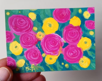 Roses et renoncules-peinture acrylique originale,peinture de fleurs rouges et jaunes,groupe de fleurs de printemps,miniature artistique,billet,ACEO