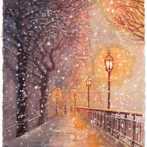 It's snowing in Paris - watercolor painting, original painting, Paris under the snow, Eiffel Tower, street lit by street lamps, Paris seen at night