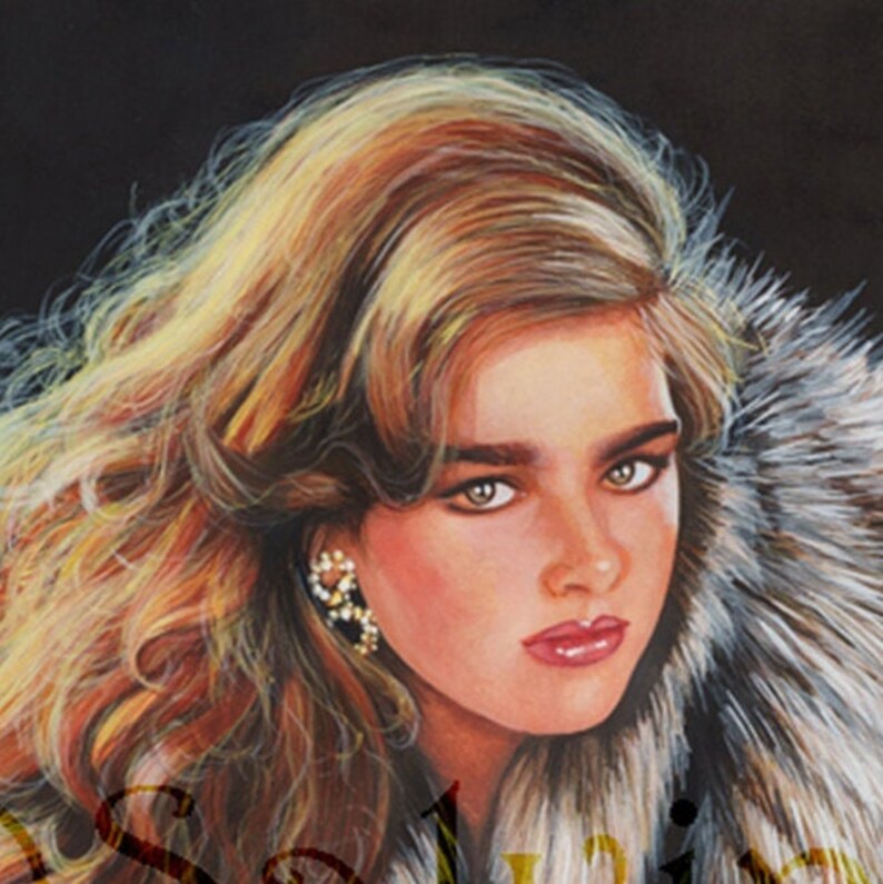 Print from my original mixed media painting Glamour, fur, red hair, young model, vintage fashion, eighties, long hair image 5