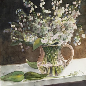 Piccola brocca con mughetti-dipinto a acquarelli,pittura originale,fiori in vaso trasparente,fiori bianchi primaverili,composizione floreale