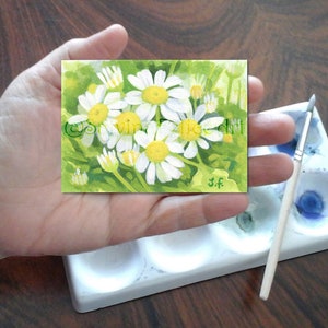 Fleurs d’herbe amère - peinture acrylique originale, peinture de fleurs d’herbe amère blanche, miniature de collection, carte artistique, ACEO