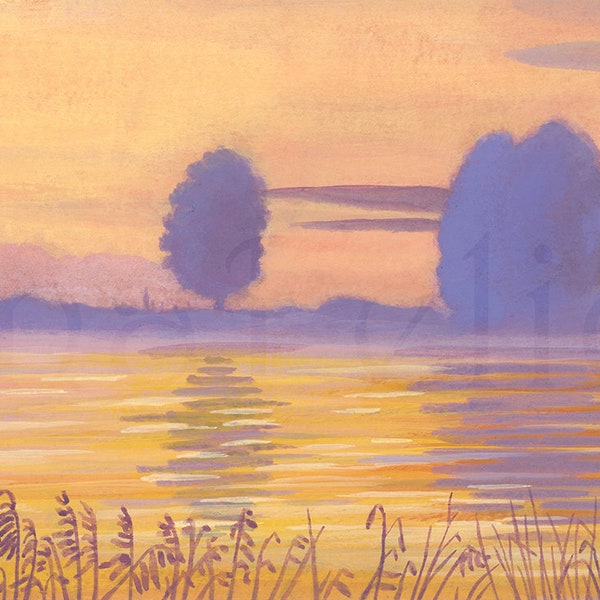 Peinture acrylique " Au crépuscule " peinture originale, peinture originale, peinture de paysage, rive de fleuve, coucher du soleil sur l’eau, déclin du soleil