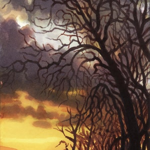 Coucher de soleil sur le lac - aquarelle originale, peinture de paysage naturel, arbres au bord du lac, ciel avec nuages noirs, carte postale artistique