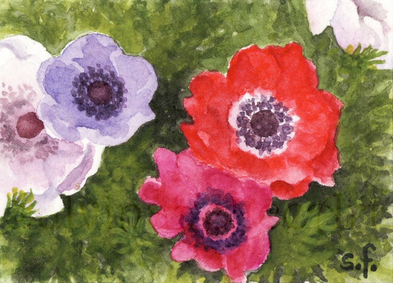May include: Watercolour painting of three anemones. One is purple, one is red, and one is pink. The flowers are painted on a green background.