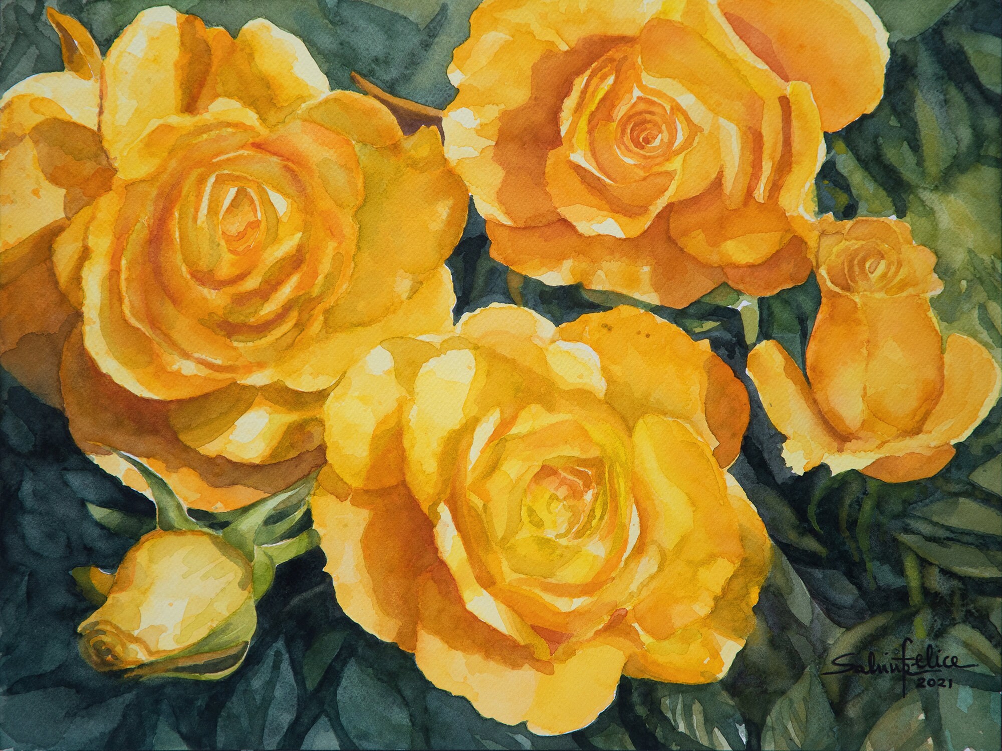 Yellow Roses - Original Watercolor Painting, Spring Flowers