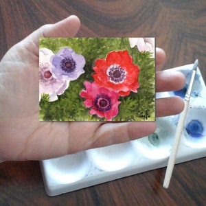 Anemoni variopinti-dipinto originale a acquarelli,pittura anemoni colorati,fiori piccoli primaverili,biglietto,miniatura artistica,ACEO,ACT