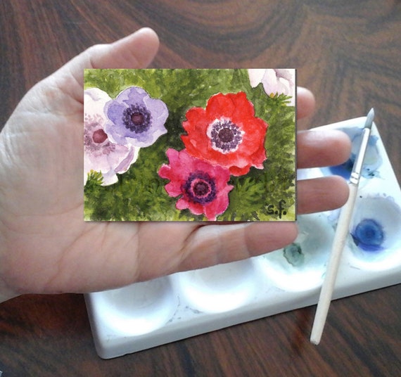 Anemoni variopinti-dipinto originale a acquarelli,pittura anemoni colorati,fiori piccoli primaverili,biglietto,miniatura artistica,ACEO,ACT