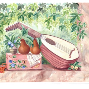 Liuto e pere-dipinto a acquarelli originale,pittura strumenti musicali mandolino liuto,pere,edera rampicante,scrigno,cofanetto,arredo casa