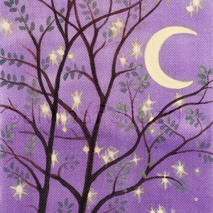 Lilac night with crescent-moon-painted with acrylics and inks,original painting,night landscape,moon in the branches,moonlight,stars