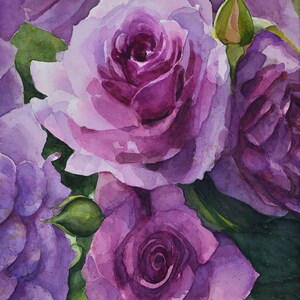 Rose viola-dipinto a acquarello originale,pittura di fiori primaverili,grandi rose viola nel fogliame verde,boccioli, rose fiorite in gruppo