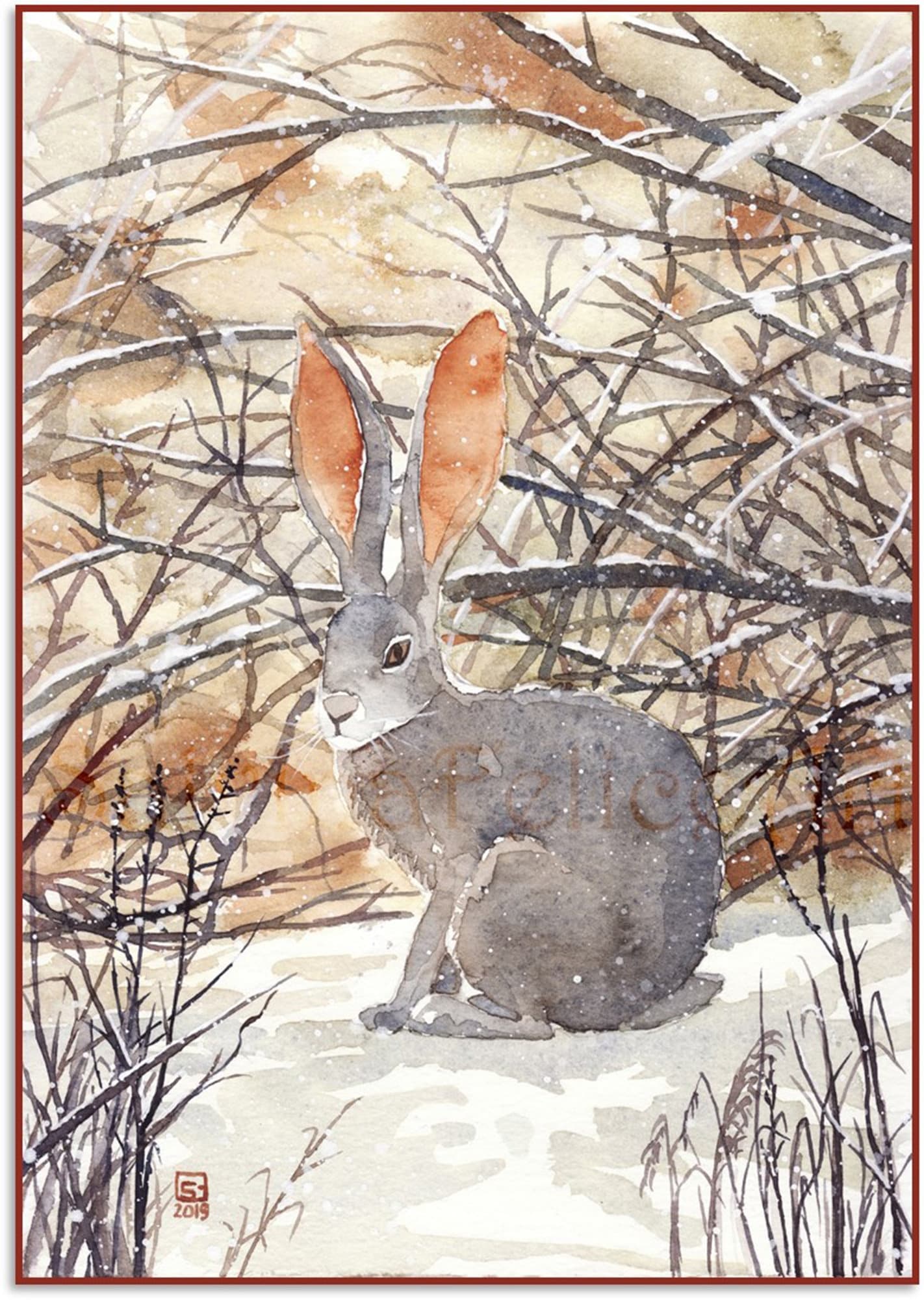 雪の中のウサギ - オリジナルの水彩画、新雪の中のウサギの絵、森の
