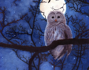 Full moon night 2-original gouache painting, guache painting, owl painting, nocturnal bird, forest at night, full moon among the branches