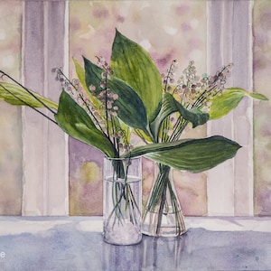 Mughetti-dipinto a acquarelli originale,pittura fiori in vasi trasparenti,mazzi di fiori bianchi,vasi alla finestra,foglie grandi e verdi