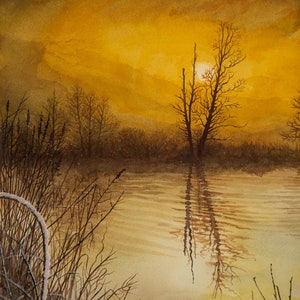 Riflessi d’inverno-dipinto a acquarelli originale,pittura paesaggio invernale,sole freddo,brina sui rami,acqua gelata,sterpaglie sulla riva