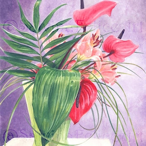 Anturium-dipinto a acquarello originale,pittura di fiori rossi,vaso trasparante con fiori rosa,vaso di fiori sul tavolo,foglie grandi verdi