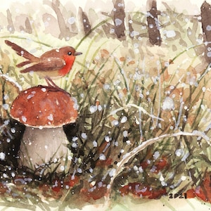 Robin et le champignon - aquarelle originale, peinture de merle, petit oiseau des bois, champignon géant, neige, illustration, carte postale,