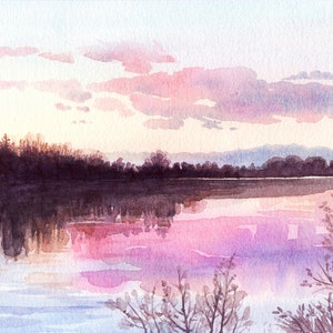 Aurora sul fiume-dipinto a acquarello originale,pittura paesaggio lacustre, alba,montagne,boschi,nuvole rosa,riflessi sull’acqua,riva fiume