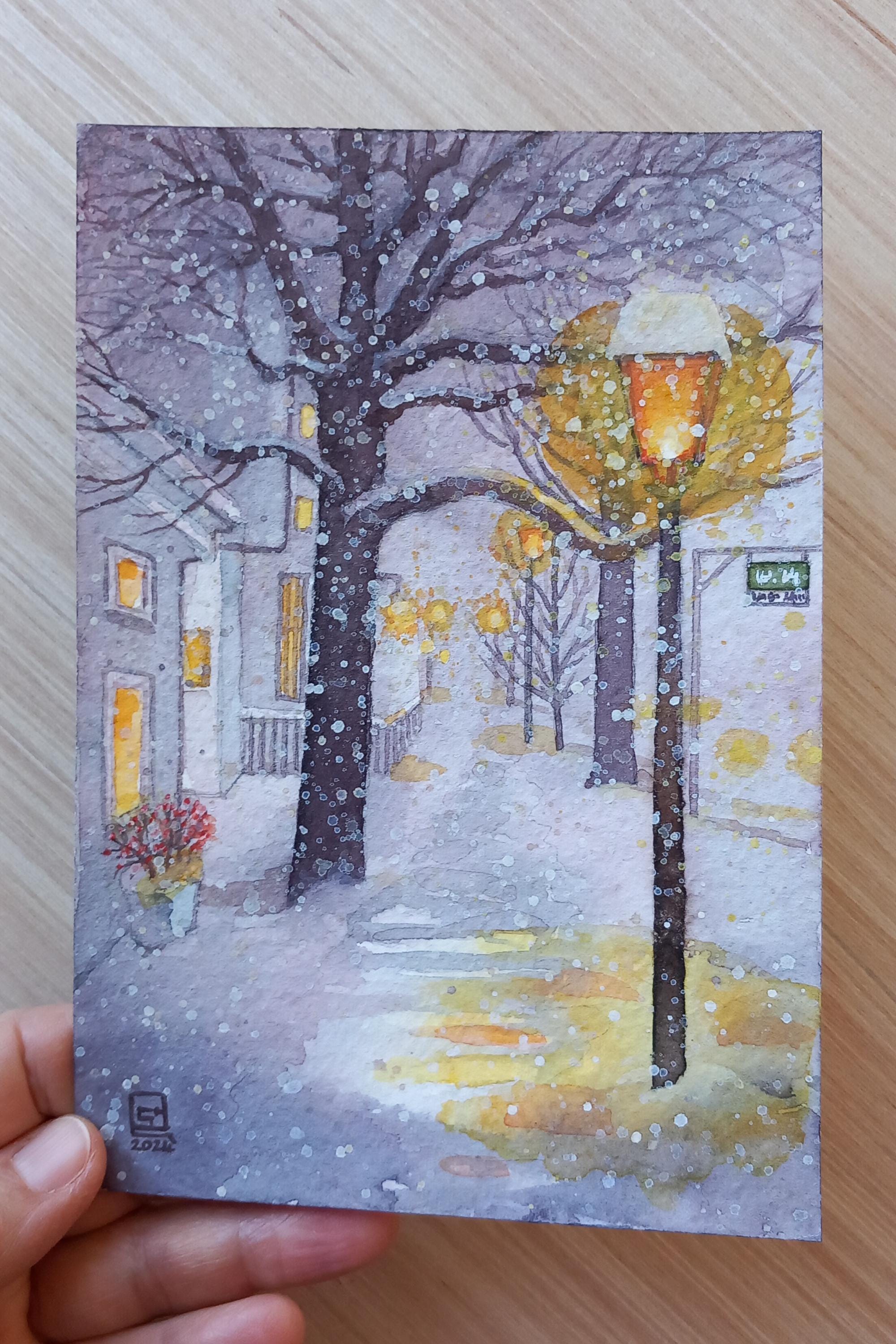 静寂の中で - 水彩画、オリジナル絵画、降る雪、街灯、人けのない雪道