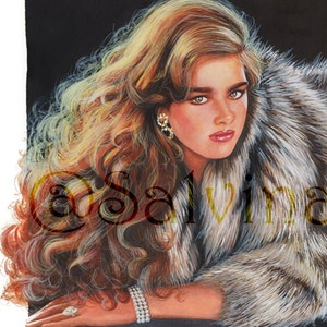 Print from my original mixed media painting Glamour, fur, red hair, young model, vintage fashion, eighties, long hair image 2