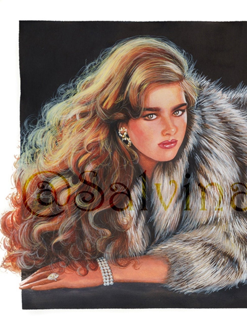 Print from my original mixed media painting Glamour, fur, red hair, young model, vintage fashion, eighties, long hair image 2