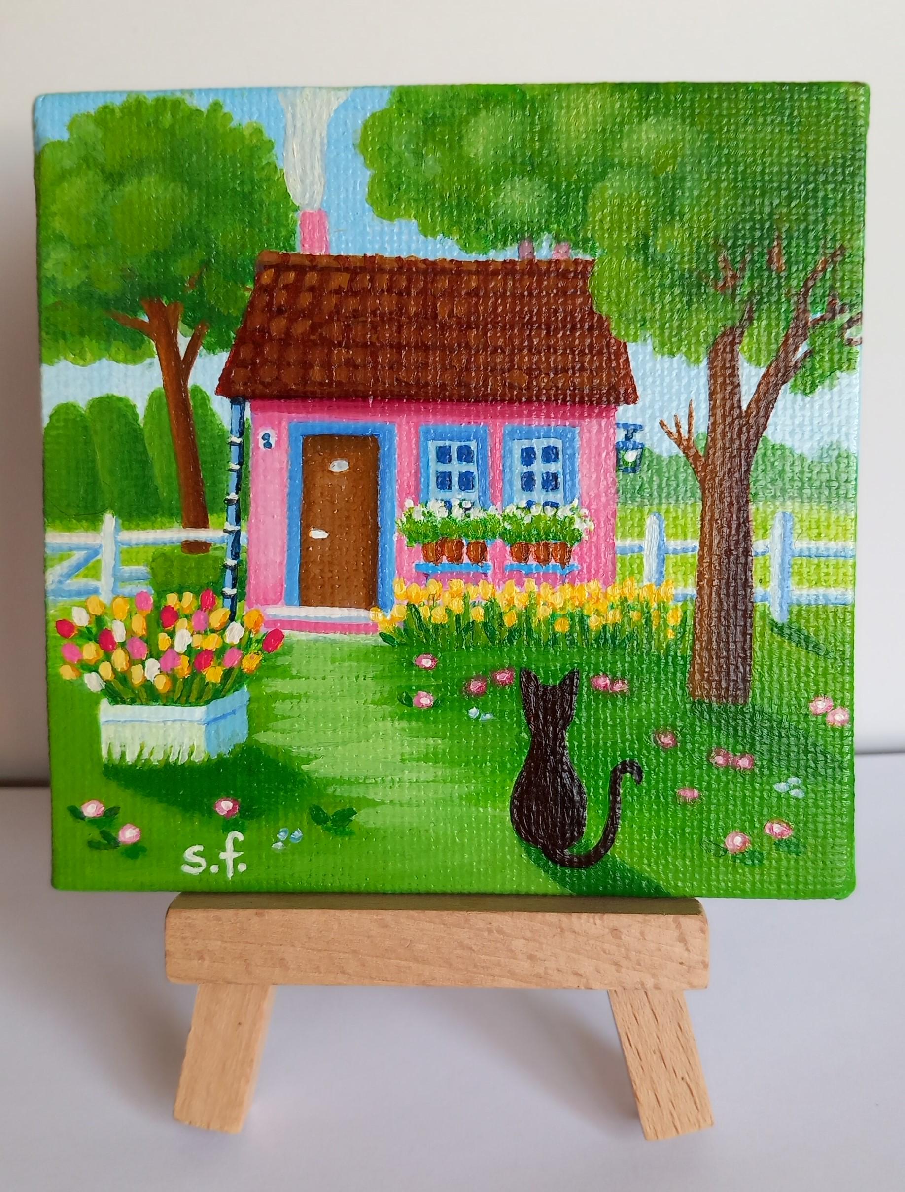 春 - オリジナルのアクリル絵の具と油絵、ピンクの家の絵、黒猫