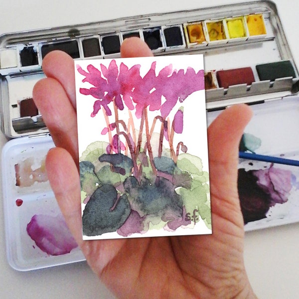 Ciclamini-dipinto originale a acquarello,pittura di ciclamini viola,miniatura da collezione,fiori invernali,fiori rosa,biglietto regalo,ACEO