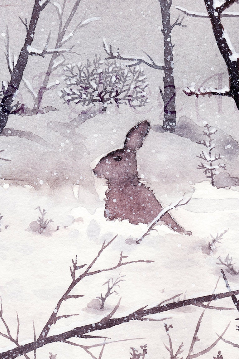 雪の中のウサギ – オリジナルの水彩画、ウサギの絵、冬の風景、降雪