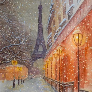 Neve a Parigi-dipinto a acquarelli,pittura originale,Parigi sotto la neve,torre Eiffel,strada illuminata dai lampioni,Parigi vista di sera,