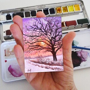 Sole d’inverno-dipinto a acquarello originale,pittura miniatura da collezione,prati innevati,campagna sotto la neve,sole tra i rami,ACEO