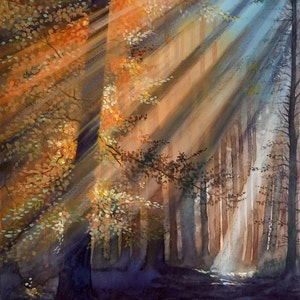 Raggi di sole nel bosco-dipinto a tecnica mista, pittura originale ,paesaggio boschivo,alberi con il sole che filtra tra i rami,idea regalo