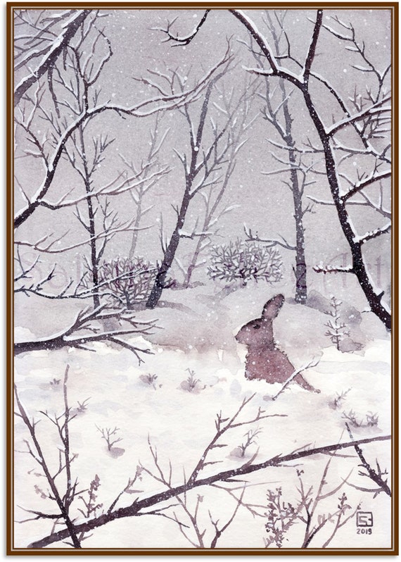 雪の中のウサギ – オリジナルの水彩画、ウサギの絵、冬の風景、降雪