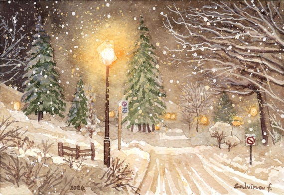 夜の降雪 – オリジナルの水彩画、街灯に照らされた街路画、大雪、雪に