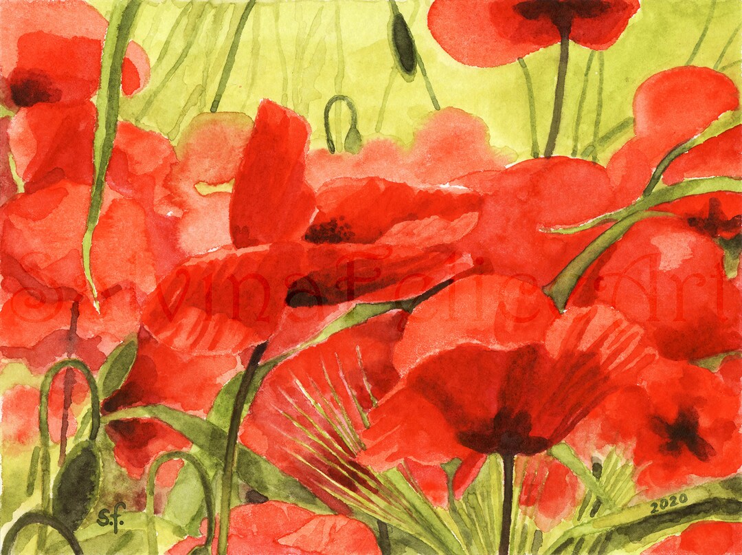 Poppies in the Sun Original Watercolor Painting, Red Flowers in the ...